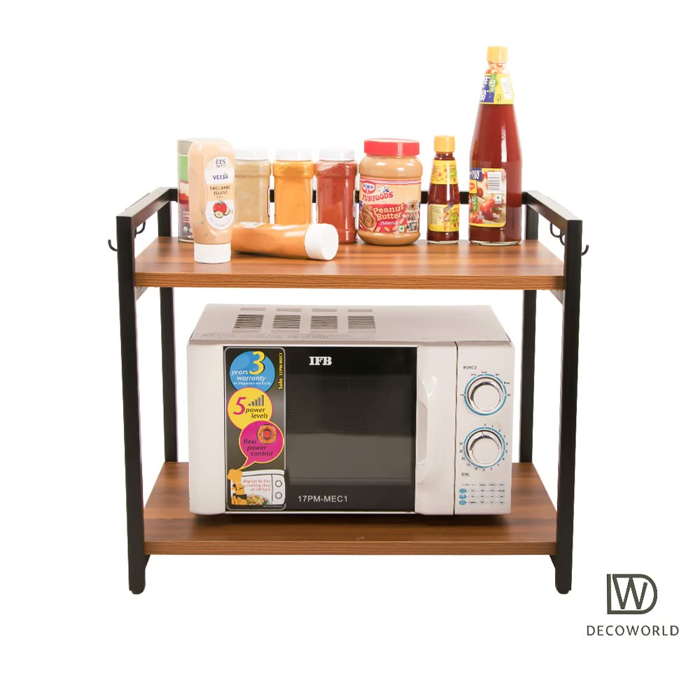 DECOWORLD || Microwave Stand || Metal Microwave Stand for Kitchen Counter|| Double Platform for Extra Storage (Black with Honey